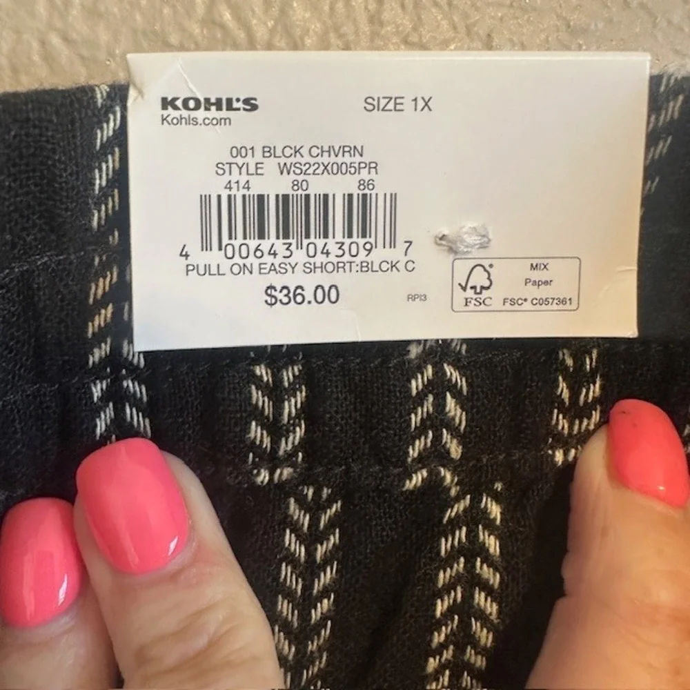 NWT Sonoma‎ Women's Black Chevron Pull On Elastic Waist Linen Shorts Size 1X